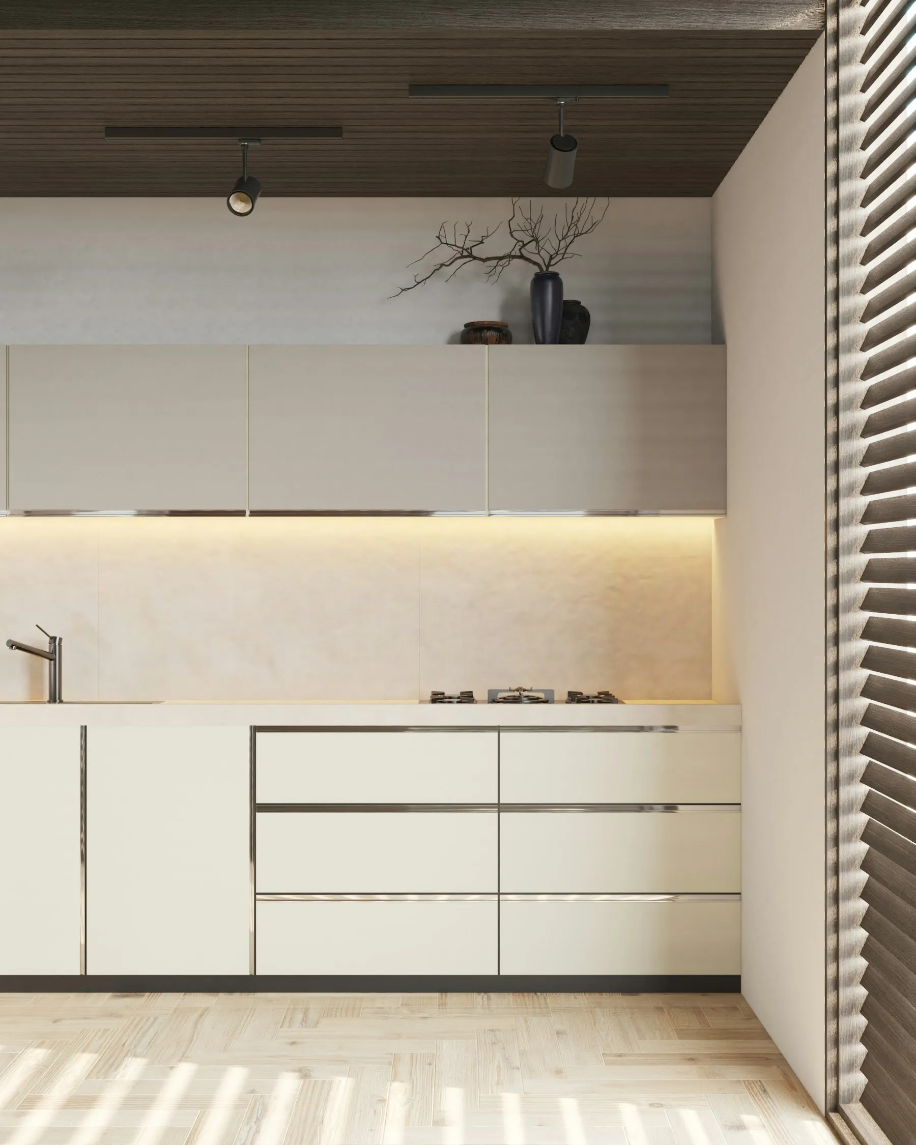 Refurbished kitchen with white cabinetry beneath an exposed timber ceiling